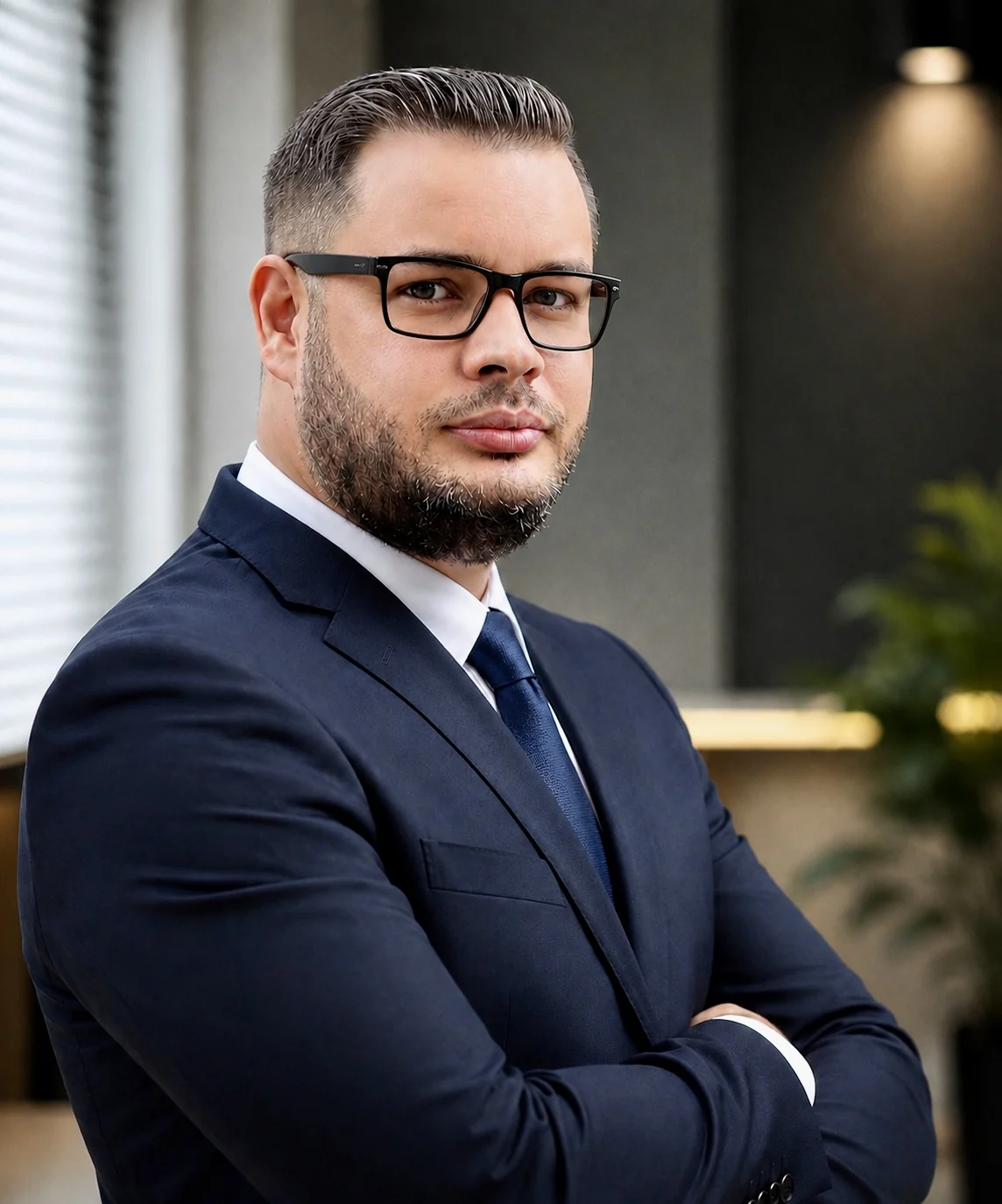 Retrato profissional de Fábio D’Ascola, CEO e fundador da D’Ascola Teck, usando terno azul-marinho e óculos.